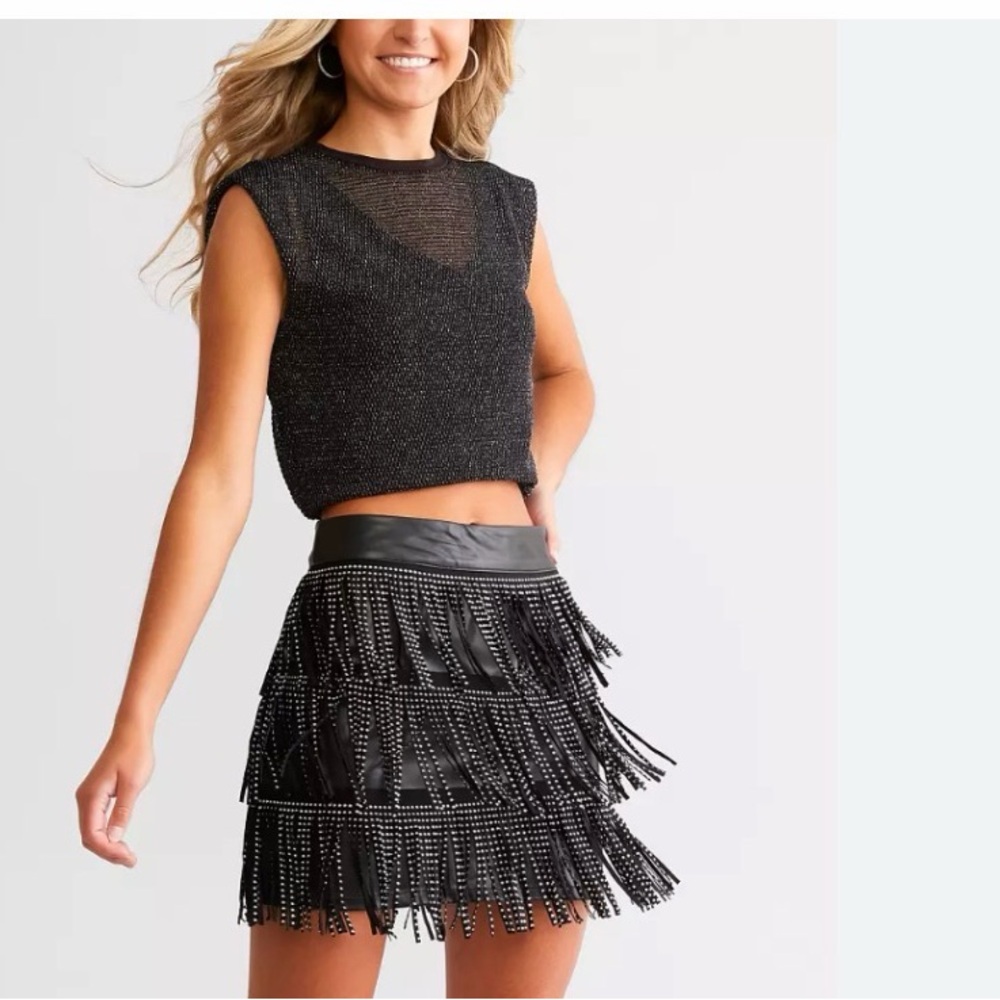 DKNY Black Beaded Fringe Mini Skirt